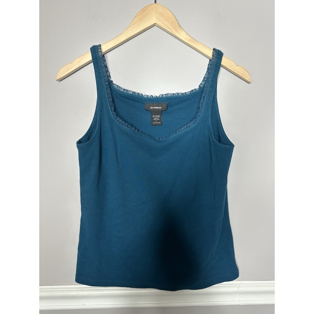 Express Cami Top Woman's‎ Sz Large Blue Lace Ruffled Edge Casual BI Bra Y2K VTG